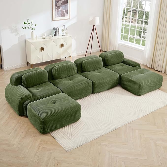 Green Ottoman for Modular Sectional Sofa, Corduroy Deep Seat for Oversized Compressed Boneless Sectional Couches for Living Room Bedroom Apartment, Cloud Sofa Couch, Memory Foam, No Assembly