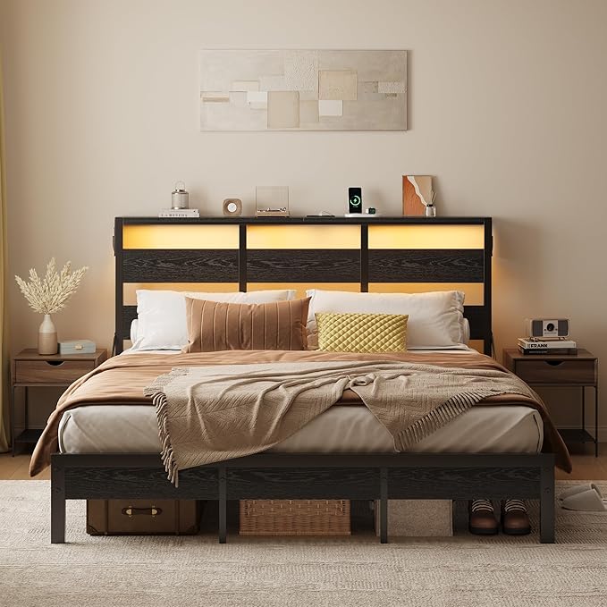Bestier Full Bed Frame with Storage Headboard and Charging Station, Black Platform Bed Frame with LED Light, Non-Slip Metal Bed Frame, Noise-Free, Easy Assembly