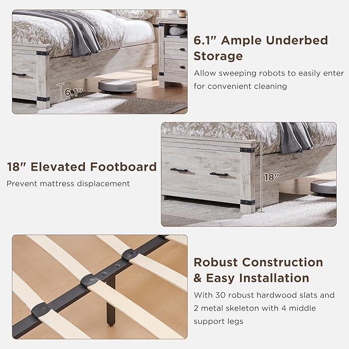 T4TREAM Farmhouse King Size Bed Frame with 54" Tall Geometric Headboard & 2 Large Storage Drawers, Rustic Wood Platform Bed with Wood Slats Support, No Box Spring Needed, Antique Brushed White
