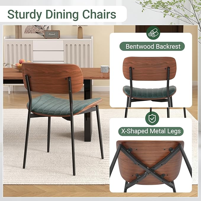 Mid Century Modern Dining Chairs Set of 6,Upholstered Faux Leather Kitchen Chairs with Walnut Bentwood Back and Metal Legs for Kitchen Dining Room Living Room, Green