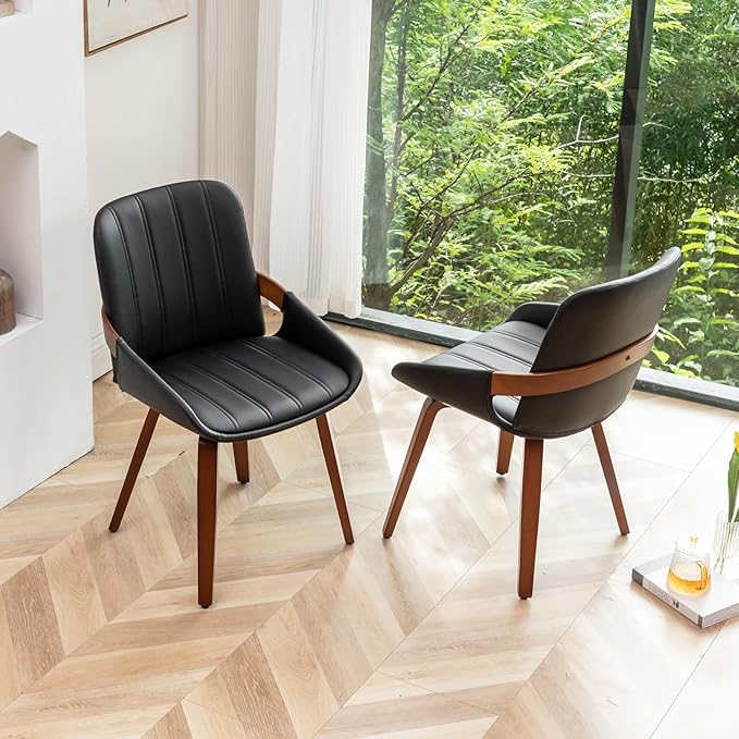Mid Century Modern Faux Leather Upholstered Dining Chairs,Armless Accent Chairs with Sturdy Natural Wood Legs,Bamboo Backrest Support for Kitchen&Dining Room Chairs(Set of 4,Black PU)