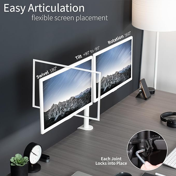 VIVO White Dual 13 to 27 inch LCD LED Monitor Desk Mount Stand with C-clamp and Bolt-Through Grommet, Heavy Duty Fully Adjustable Arms for 2 Screens STAND-V002W