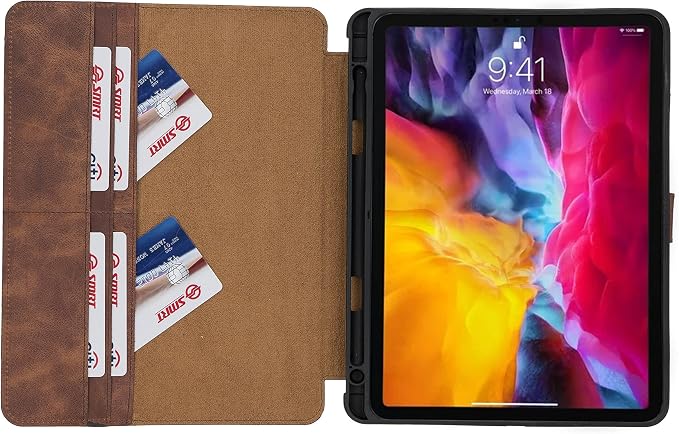 Genuine Leather Handmade iPad 10.2 Magnetic Closure Case with Separeted Compartments and Card Slots for Women &amp Men (8th Gen 2020) (7th Gen 2019) (Black)