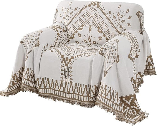 H.VERSAILTEX Reversible Sofa Cover Couch Cover for Dog Sofa Slipcover for Most Shape Sofa Furniture Protector with Tassels Sectional Couch Cover (Medium: 71" x 91", Sand/White)