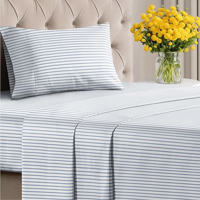 Striped Sheets - Blue & White Striped Sheets - 1 Flat & 1 Fitted & 1 Pillowcase w/ Deep Pockets – Wrinkle & Fade Resistant - Ultra-Soft, Breathable & Cooling - Luxury Pinstripe Bedding - Twin Size Set