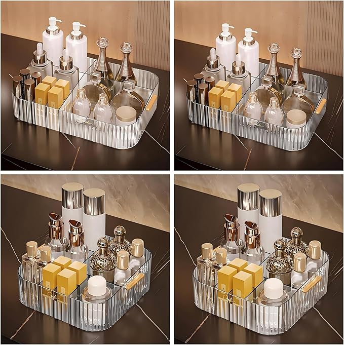 DASITON Large Capacity Makeup Organizer,12 Slots Makeup Brush Holder,Makeup Storage with Handle,Vintage Striped Cosmetic Organizer for Bathroom Countertops,Desk Storage Container(Grey)