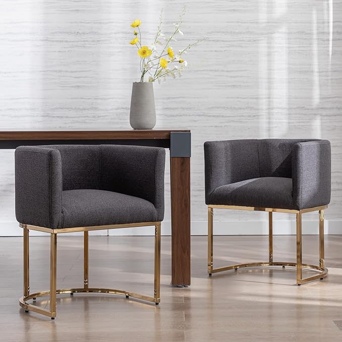 Linen Fabric Dining Chairs Set of 8 Modern Barrel Arm Chairs with Black Frame, Upholstered Kitchen Chairs 18.5" Wide Accent Chairs for Living Room Dining Room Restaurant, Charcoal