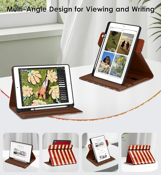 DTTO for iPad 9th/8th/7th Gen Case 10.2 Inch (2021/2020/2019) Brown | 360 Degree Rotating Premium Faux Leather Folio Stand Cover with Pencil Holder Auto Sleep/Wake Multiple Angles Hand Strap