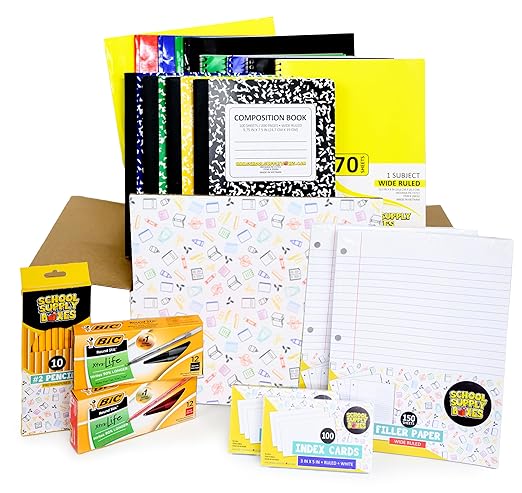 School Supply Boxes | Elementary Writing Pallet (112 Boxes) | Back to School Essentials Kit for Students & Teachers | Includes Wide-Ruled Filler Paper, Wide-Ruled Notebooks, 12 ct. Pens, & More