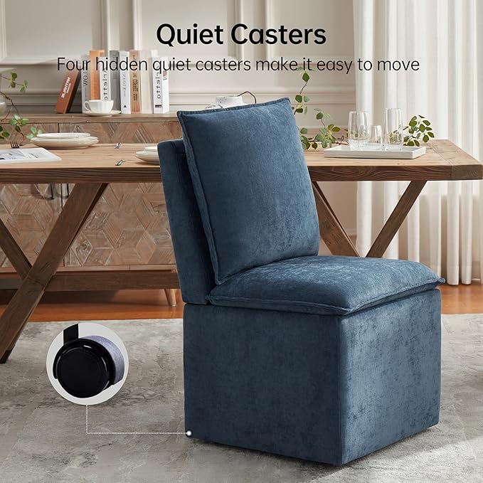 VKNOW Upholstered Dining Chairs Set of 2, Modern Rolling Chairs with Storage and Wheels, Linen Armless Chair with Cushion and Backrest, Dining Room Chairs for Living Room Kitchen Bedroom, Nav