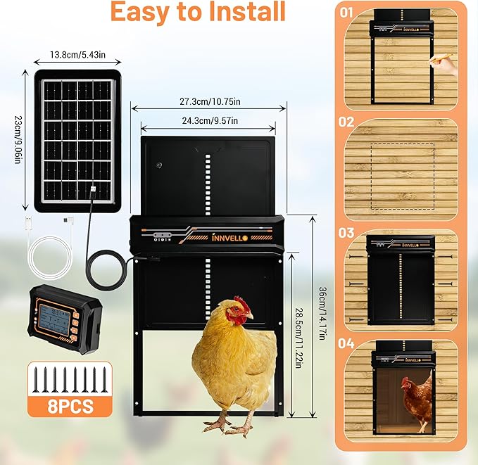 Automatic Chicken Coop Door Solar Powered with Remote Control, Timer & Light Sensor - Anti-Pinch Safety, 4 Modes, Alarm for Chicken Run, Poultry Habitat and Duck Coop