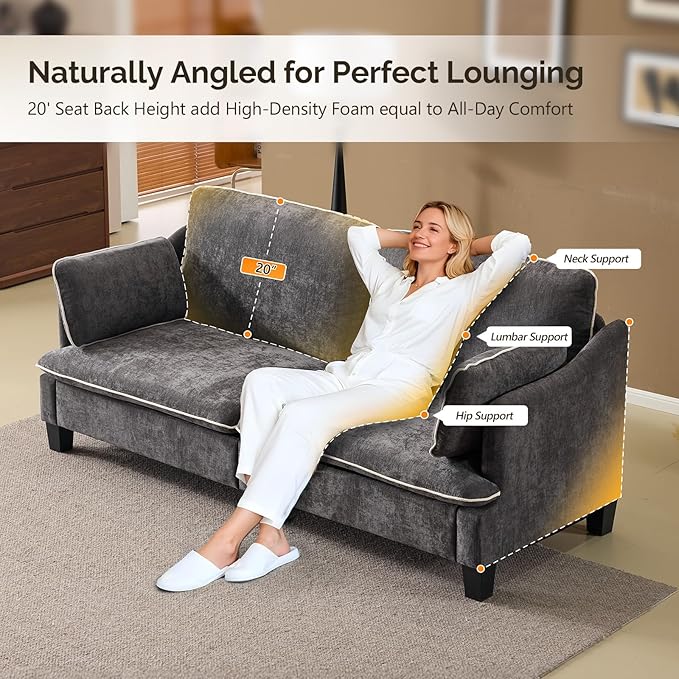VINGLI 84" W Oversized Comfy Two Seat Love Seat, 37" Extra Deep Seat Piping Design Loveseat Couch with Two Pillows, Linen Fabric Modern Small Sofa for Small Living Room, Bedroom, Black