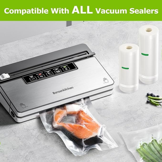 Bonsenkitchen Vacuum Sealer Bags Rolls, 11in x 50ft & 8in x 50ft Durable Food Sealer Bags, Commercial Grade, Heavy Duty, BPA Free, Seal a Meal, Great for Food Storage & Sous Vide Cooking, VB25