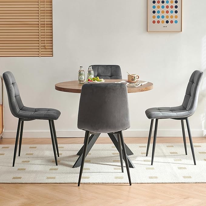 5-Piece Round Dining Table Set - Kitchen Table Chairs Set of 4 with Grey Velvet Upholstered Chairs -Dining Table Set for 4