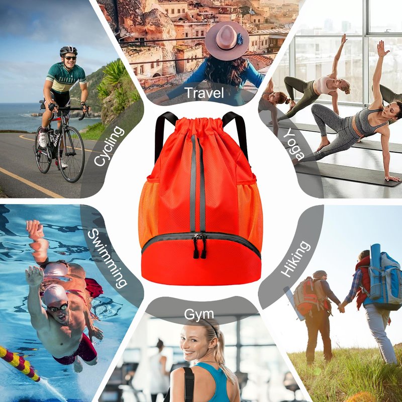 Hoedia Sports Drawstring Backpack - String Swim Gym Bag with Shoes Compartment and Wet Proof Pocket for Women&Men (Red)