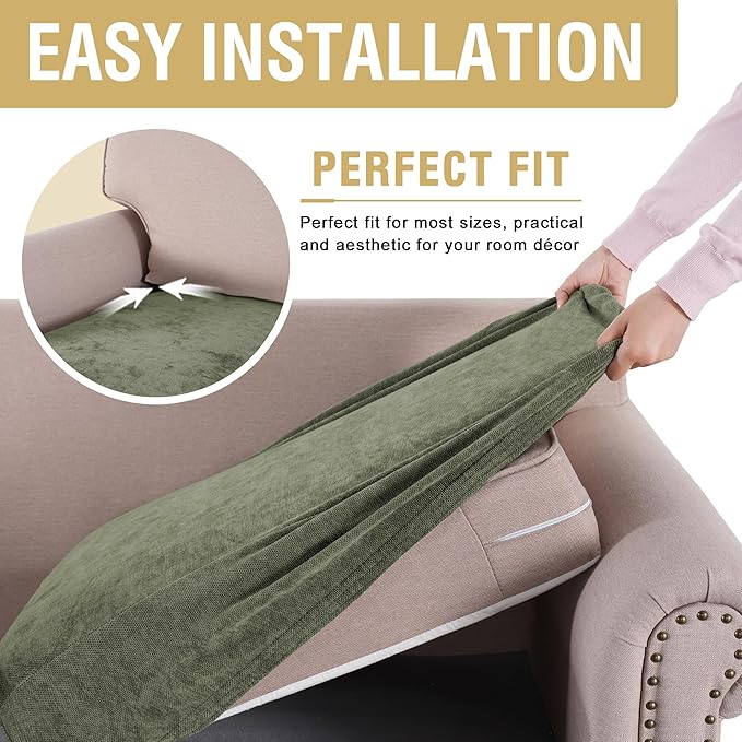 H.VERSAILTEX Stretch Chenille Couch Cover Furniture Protector Seat Cushion Sofa Cover 2 Cushions Non-Slip Couch Covers for Sofa Pets with Elastic Bottom (2 Piece Loveseat Cushion Covers, Tea Tree)