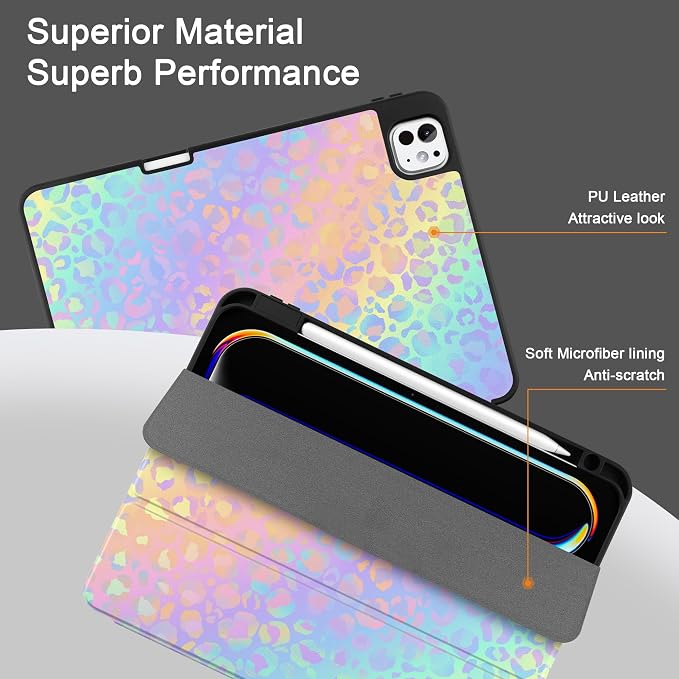 Case for iPad Pro 13 inch (M5 2025 / M4 2024) – [Built-in Pencil Holder] Ultra Slim PU Leather Trifold Stand Cover with Soft TPU Back Auto Wake/Sleep - Color Leopard