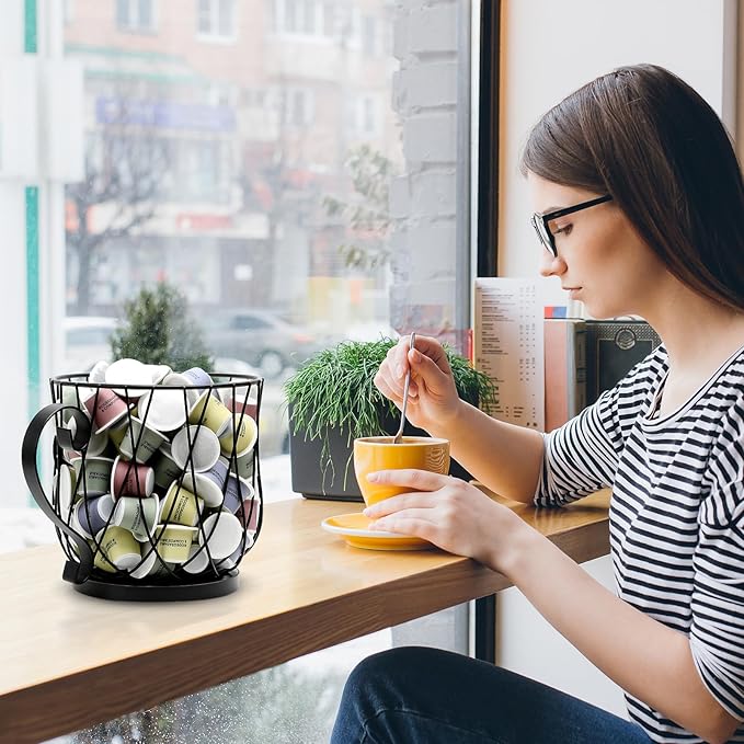 Coffee Pod Holder Organizer, Large Capacity K Cup Holder Organizer, Storage Basket for Kitchen Countertop Office Coffee Bar with Wooden Base(Rustic Black-Round)
