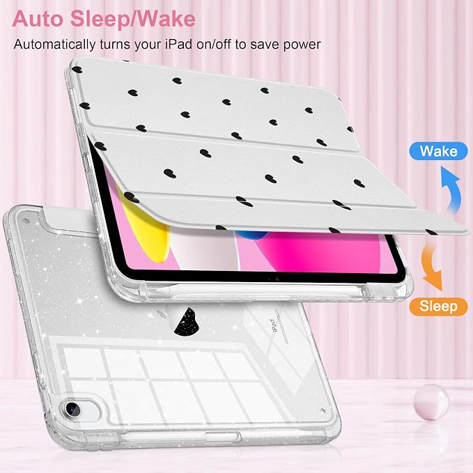 MEEgoodo Case for iPad A16 11th Generation 2025/10th Generation 2022 Glitter Tablet Cases with Transparent Acrylic Back+Trifold Stand +Pencil Holder+Auto Wake/SleepAbstract Sun &amp Palm Tree
