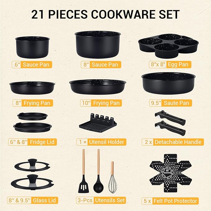Ammeloo 21-Piece Ceramic Pots and Pans Set Non Stick with Detachable Handles and Egg Frying Pan, Non-Toxic Cookware, Induction Ready, Oven Safe, Stackable for Storage, Black Speckled