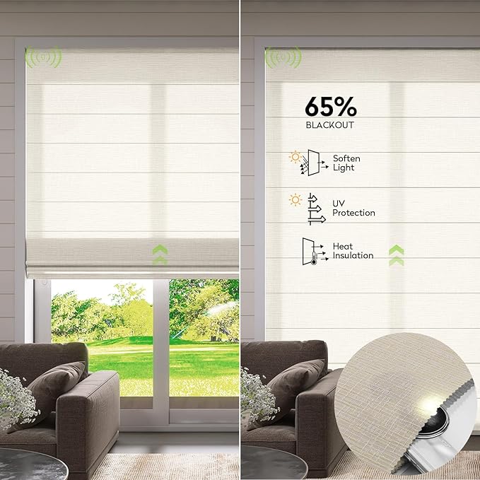 ZSTARR Smart Roman Shades Rechargeable Motorized Blinds with Remote Light Filtering Roman Window Shades Plain Fold Soft for Doors Bedroom, Custom Size (Sheer Beige)