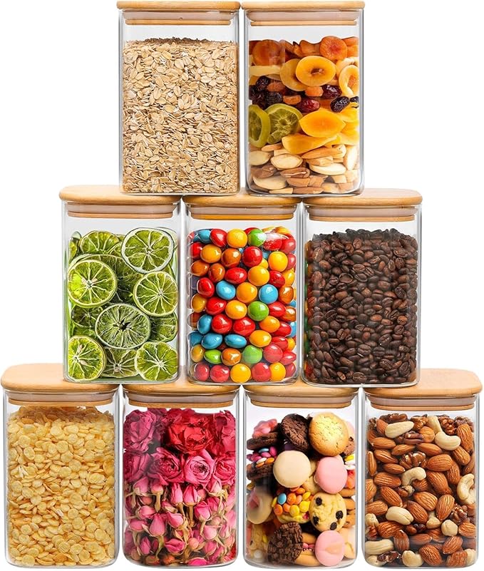 ComSaf 1.2 Qt Glass Storage Containers with Lids, Glass Jars with Lids, Clear Food Storage Jar, Square Canister Set of 9, Pantry Organizers and Storage for Cookie Flour Oat Pasta Tea Coffee Bean