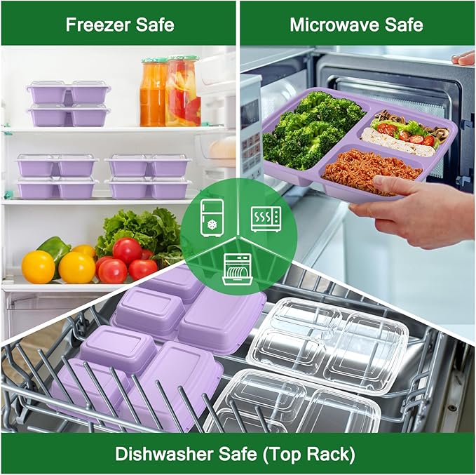 50 Pack (100-Piece) 32 oz Meal Prep Containers Reusable with Lids 3-Compartment, To Go Take Out Plastic Food Storage Containers, Sturdy Leakproof Food Safe, Microwave Freezer Dishwasher Safe, Lilac