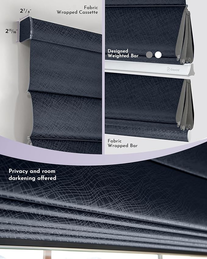 Graywind Smart Roman Shades Compatible with Alexa Google Rechargeable Motorized Blinds with Remote Blackout Roman Window Shades Plain Fold Soft for Doors Bedroom, Custom Size (Flowline Midnight)