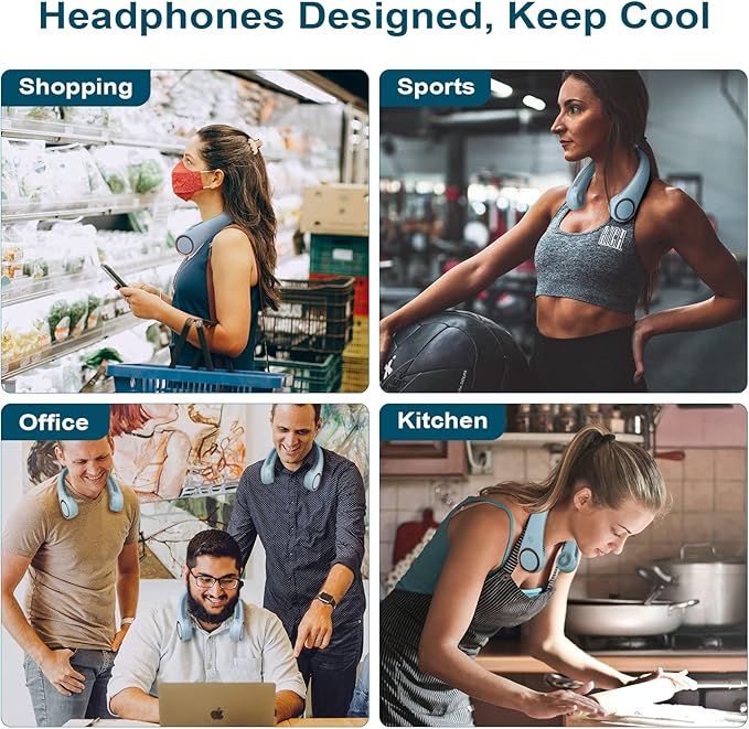 CIVPOWER Neck Fan: Portable Personal Neck Cooling Rechargeable Bladeless Fan - Hands Free 3 Speed 4000 mAh Battery USB Operated Wearable Headphone Design - for Men Women Outdoor Indoor (Light Blue)
