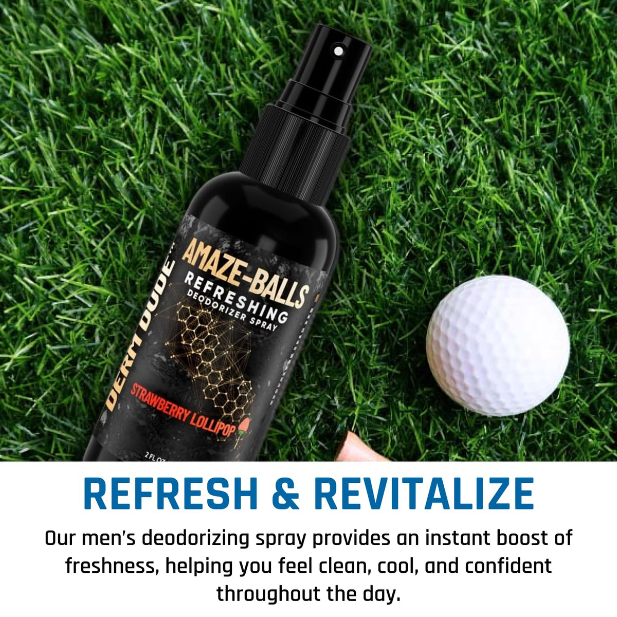 Derm Dude Amaze Ball Deodorant Spray for Men | Anti-Chafing Groin & Sack Spray with DeoPlex & Aloe Vera | Odor & Sweat Control for Private Parts | Strawberry Lollipop Scent, Talc-Free, 2oz