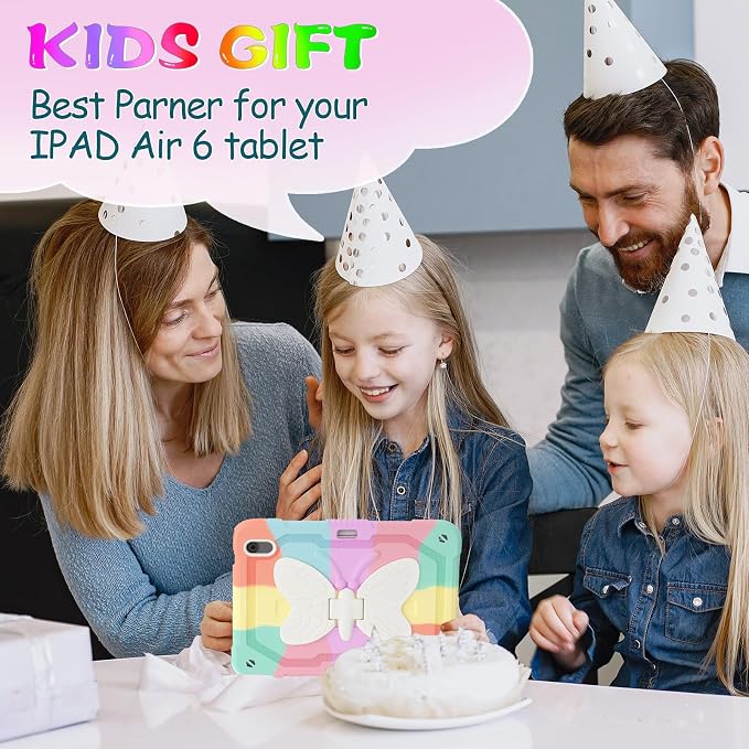 Ambison iPad Air 11 inch Case 6th Generation 2024(M2) with 9H Tempered Glass Screen ProtectorFull-Body Shockproof Sturdy Cute Cover with Butterfly Wings StandShoulder StrapPencil Holder-Multicolor