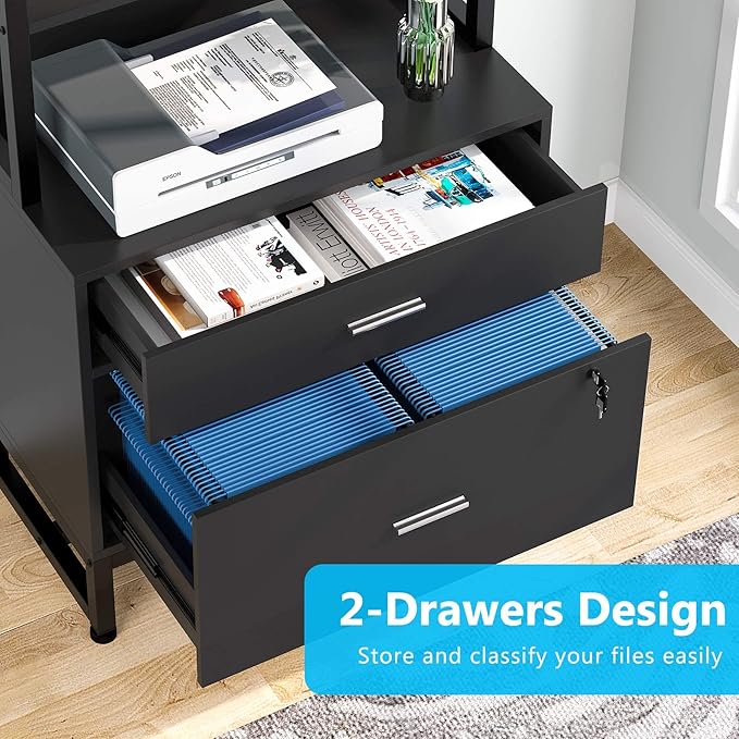 Tribesigns 2 Drawer Vertical File Cabinet with Lock & Bookshelf (Set of 2), Letter Size Large Modern Filing Cabinet Printer Stand with Open Storage Shelves for Home Office, Black
