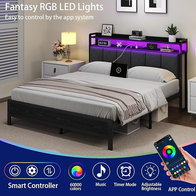 Queen Bed Frame with LED Lights and Charging Station, Metal Platform Bed Frame Queen Size with Upholstered Storage Headboard, Heavy Duty Metal Slats, No Box Spring Needed, Easy Assembly, Dark Grey