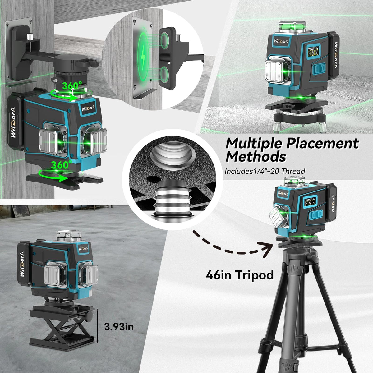 Wildora Laser Level with Tripod, 4x360° Self Leveling ±4° Laser Level, Remote Control 4D Green 16 Line Laser Leveler Tool for Woodworking&Renovation, with 2x4800mAh Li-ion Batteries&Hard Carry Case