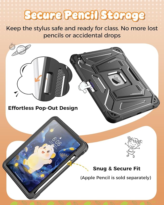 INFILAND Kids Case for iPad A16 11th Generation 11 Inch (2025) iPad 10th Generation 10.9 Inch (2022) Heavy Duty Rugged Shockproof Protective Cover with Dual-Support Folding Kickstand (Black)
