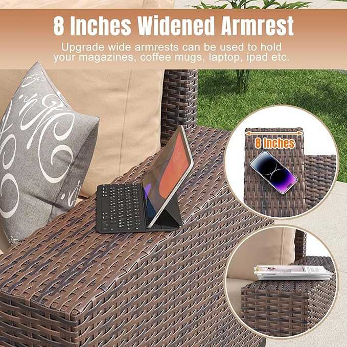 Aoxun 12 Pieces Patio Furniture Set Wicker Rattan Outdoor Sectional Conversation Set with Coffee Table and 4” Thickened Cushions, Beige (Waterproof Cover Included)