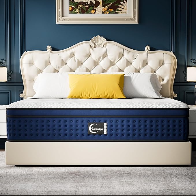 Memory Foam Innerspring Mattress - 14 Inch California King Size Mattress for Back Pain Relief, Medium Firm with Reinforced Edge Support, Navy