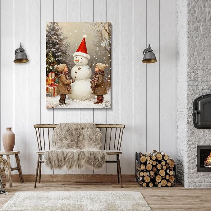 Vintage Snowman with Children Christmas Canvas Wall Art - Rustic Winter Scene Framed Prints for Livingroom & Bedroom, Cozy Farmhouse Christmas Wall Art, Unique Christmas Gifts & Festive Decorations