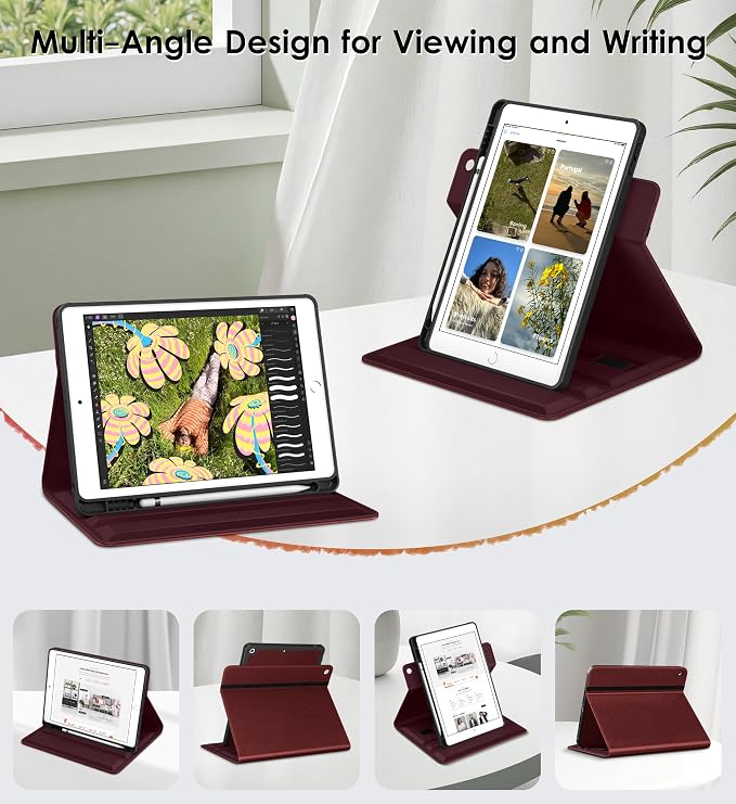 DTTO for iPad 9th/8th/7th Gen Case 10.2 Inch (2021/2020/2019) Brown | 360 Degree Rotating Premium Faux Leather Folio Stand Cover with Pencil Holder Auto Sleep/Wake Multiple Angles Hand Strap