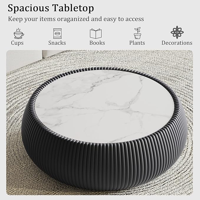 Grey Round Coffee Table with Sintered Stone Tabletop, 27.55" Drum Coffee Table with Fluted PU Leather Covered and Stable Base, Circle Cocktail Tea Table for Living Room