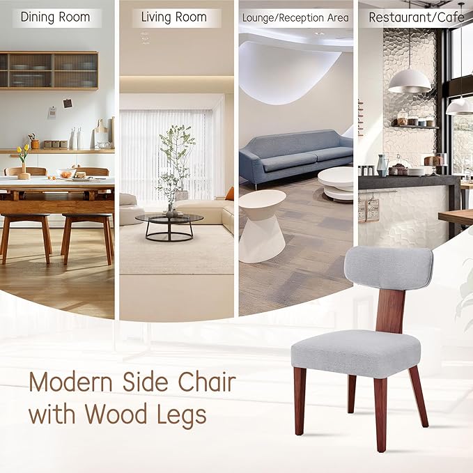 Dining Chairs, Mid-Century Modern Upholstered Kitchen Chairs with Curved Backrest and Linen Fabric Seat, Wood Leg Accent Chairs for Dining Room, Living Room, Bedroom, Grey