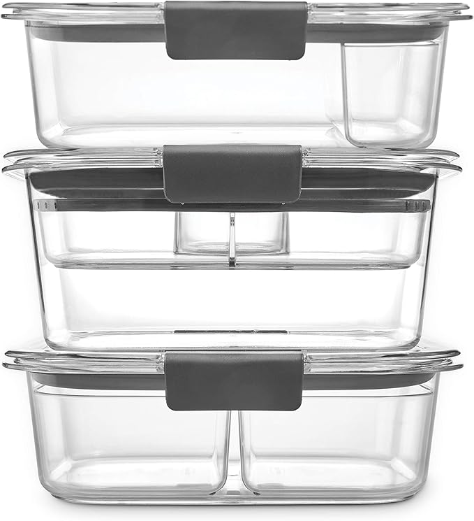 Rubbermaid Brilliance BPA-Free 3 Set Food Storage Containers with Lids, Removable Trays, Airtight, Leak-Proof, Ideal for Meal Prep, Lunch, and Leftovers