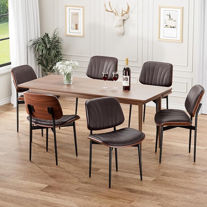 Dining Chairs Set of 2, Mid-Century Modern Upholstered PU Leather Chairs with Walnut Bentwood Back and Metal Legs Adjustable Feet for Kitchen Dining Room, Dark Brown Shell Strips