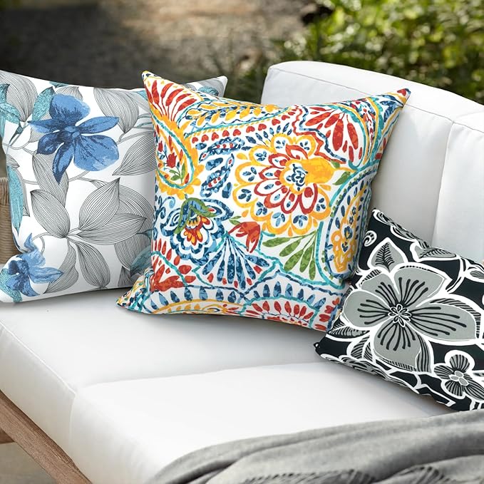 Pack of 2 Patio Throw Pillow Covers ONLY, Water Repellent Cushion Cases 20x20 Inch, Square Pillowcases for Outdoor Couch Decoration, Paisley Multi