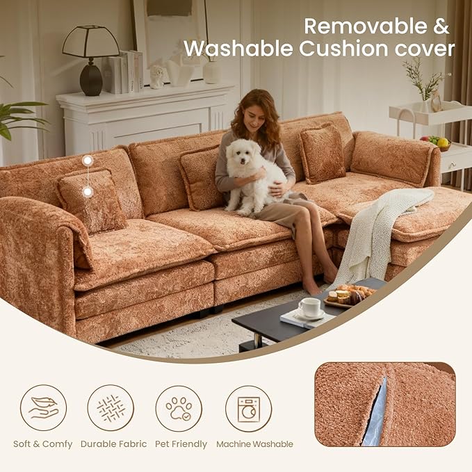 112" U Shaped Modular Sectional Sofa, 3 Seater Comfy Cloud Couch with Movable Ottoman, Deep Seat Couches for Living Room, Bedroom, Apartment (Orange)