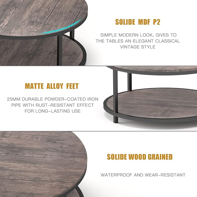 NSdirect Round Coffee Table,36" Coffee Table for Living Room,2-Tier Rustic Wood Desktop with Storage Shelf Modern Design Home Furniture(Light Walnut)