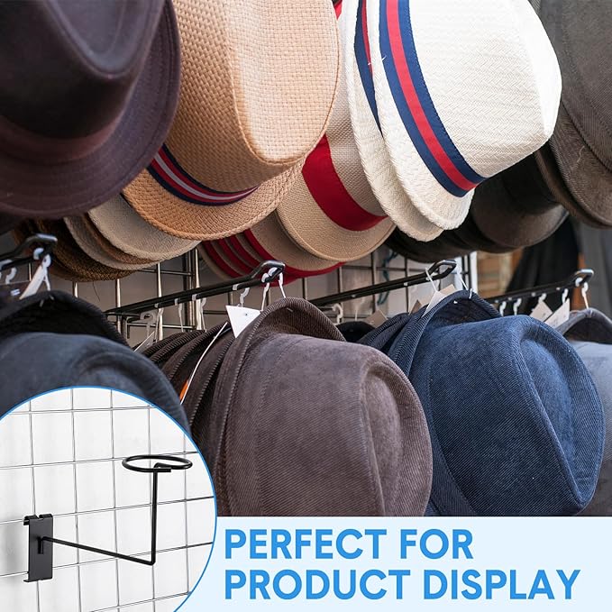 Blulu 6 Pcs Hat Displayer for Gridwall, Metal Hat Helmet Rack Retail Store Display Shelves Organizer Cap Rack Wall Fixtures Gridwall Hooks Accessories for Craft Show Garage (Black)