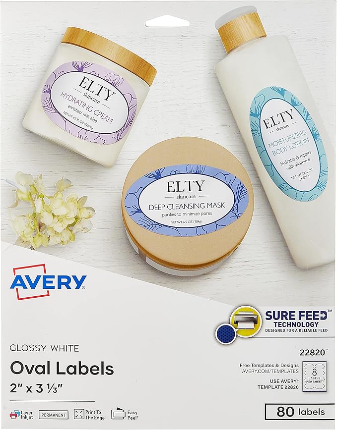 Avery Printable Blank Oval Labels,2" x 3-1/3",Glossy White,80 Customizable Labels (22820),(Pack of 5)
