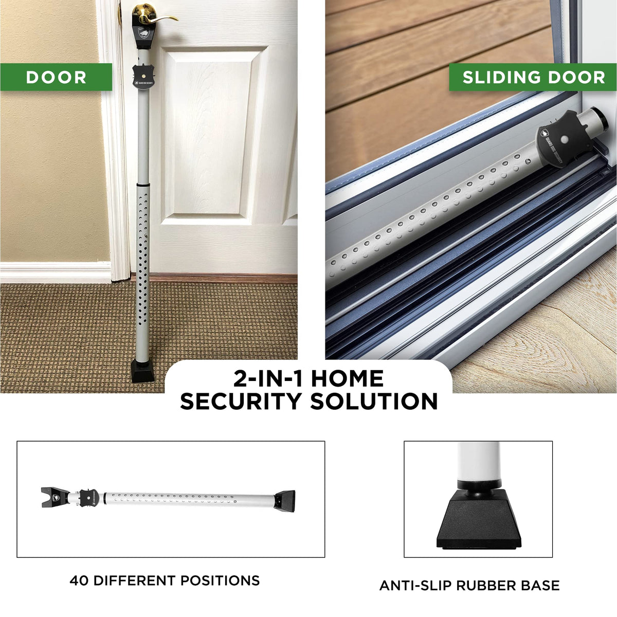 Adjustable Sliding Door Security Bar, Door Jammer 2-in-1 Adjustable Door Knob and Sliding Patio Door Stoppers Security with Alarm, 40 Different Adjustments by Guard Dog Security