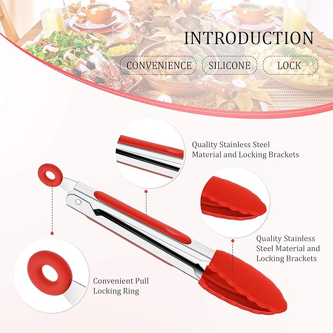 5 Pack Mini Small Tongs with Silicone Tips, 7 in